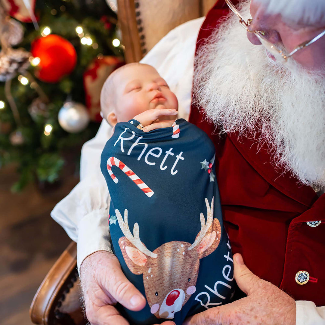 Boys Reindeer and Candy Cane Personalized Baby Swaddle Blanket