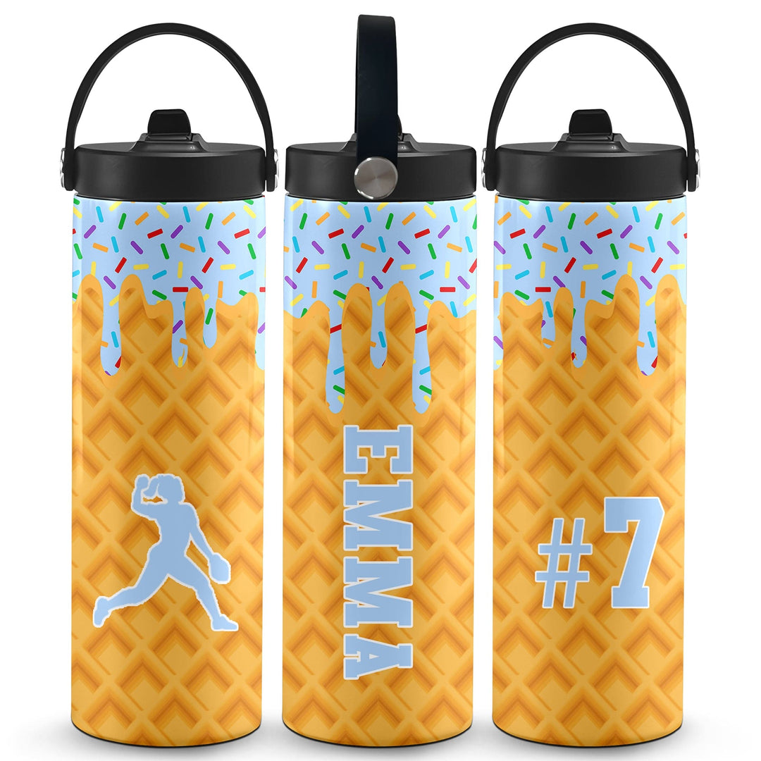Ice Cream Drip Softball Personalized 20oz Water Bottle - Blue on a white background