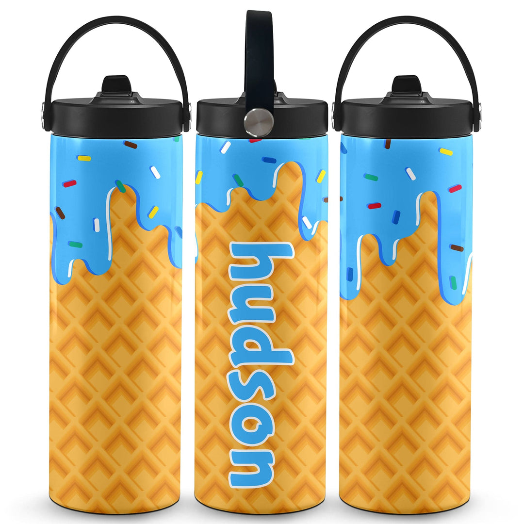Personalized Ice Cream Drip Water Bottle - Blue on a white background