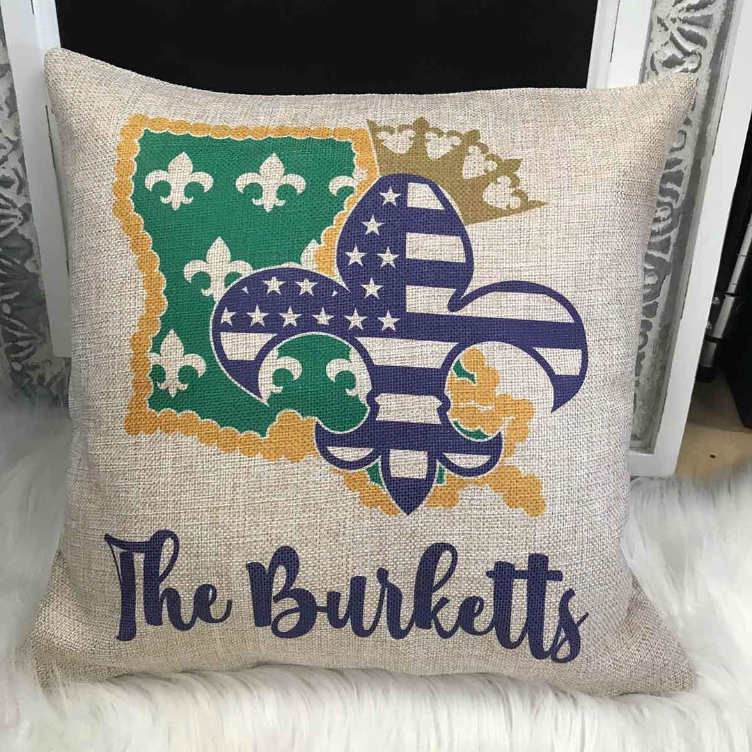 Personalized Louisiana Fleur de lis Mardi Gras inspired Faux-Burlap 16x16 pillow sham with insert