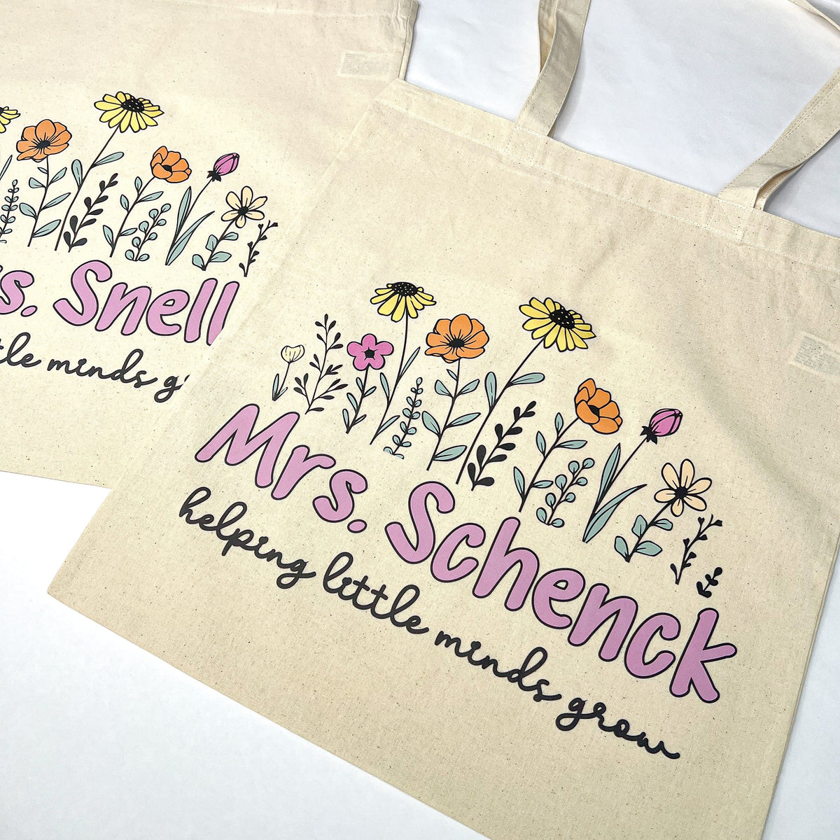 Personalized teacher tote bag printed with a custom name, made in South Louisiana
