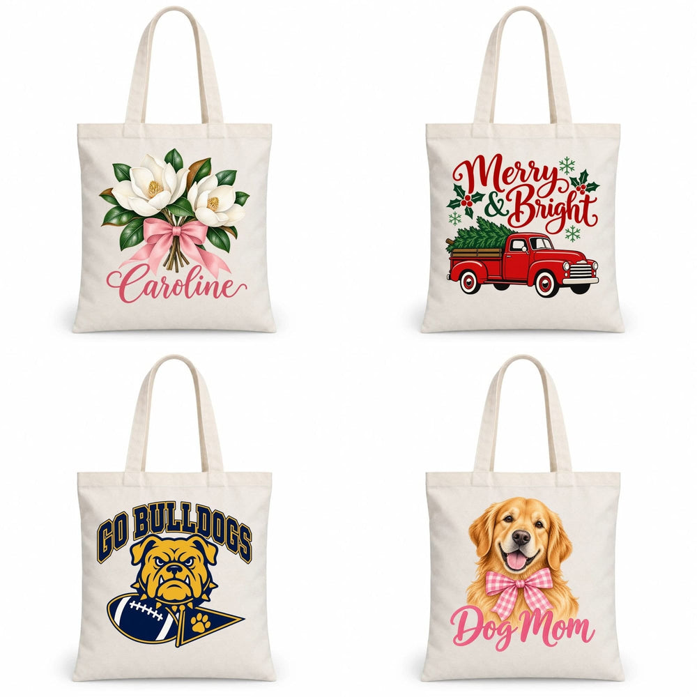 Four custom tote bag designs: magnolia name, Merry and Bright truck, Go Bulldogs, Dog Mom