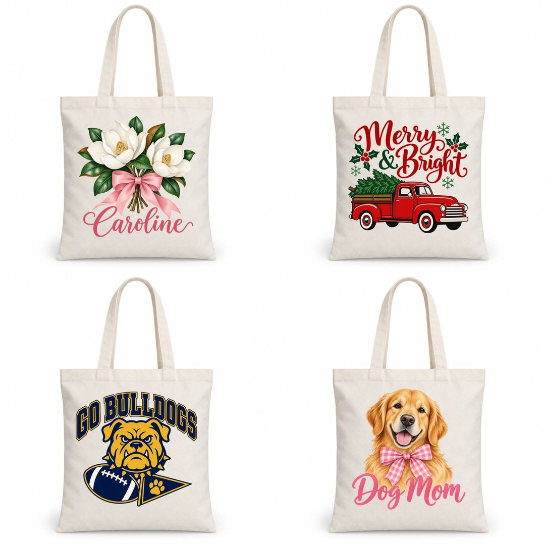 Four custom tote bag designs: magnolia name, Merry and Bright truck, Go Bulldogs, Dog Mom