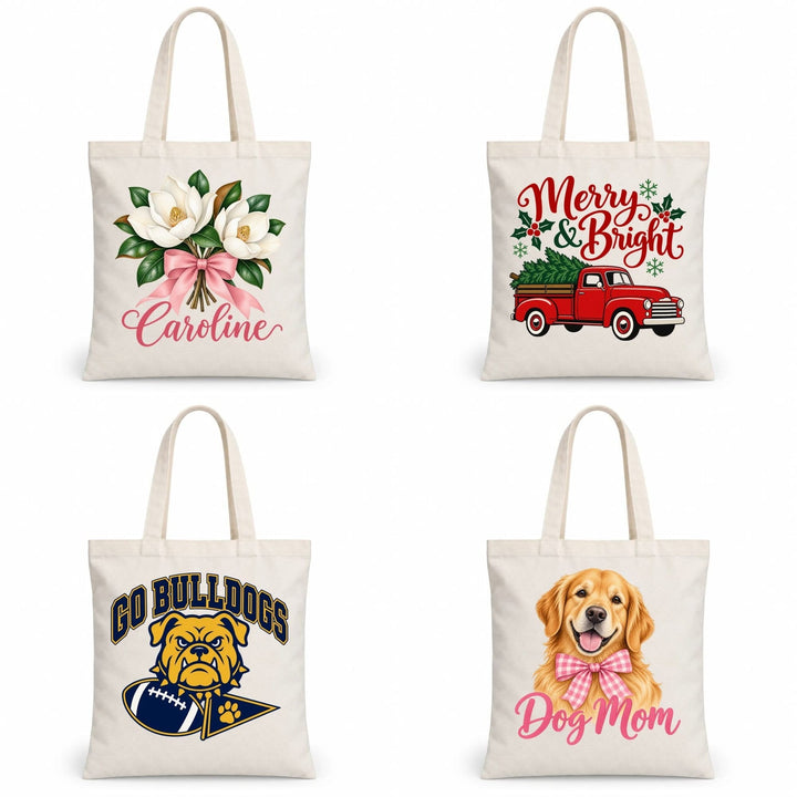 Four custom tote bag designs: magnolia name, Merry and Bright truck, Go Bulldogs, Dog Mom