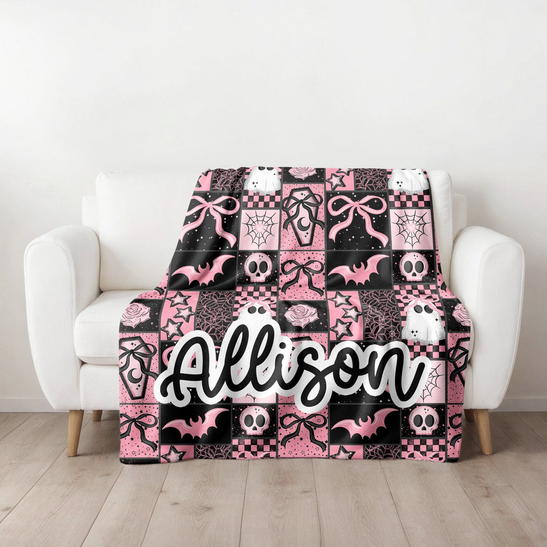 Personalized Spooky Pink Patchwork Halloween Blanket