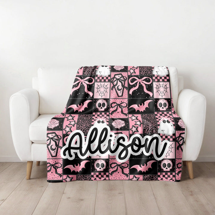 Personalized Spooky Pink Patchwork Halloween Blanket