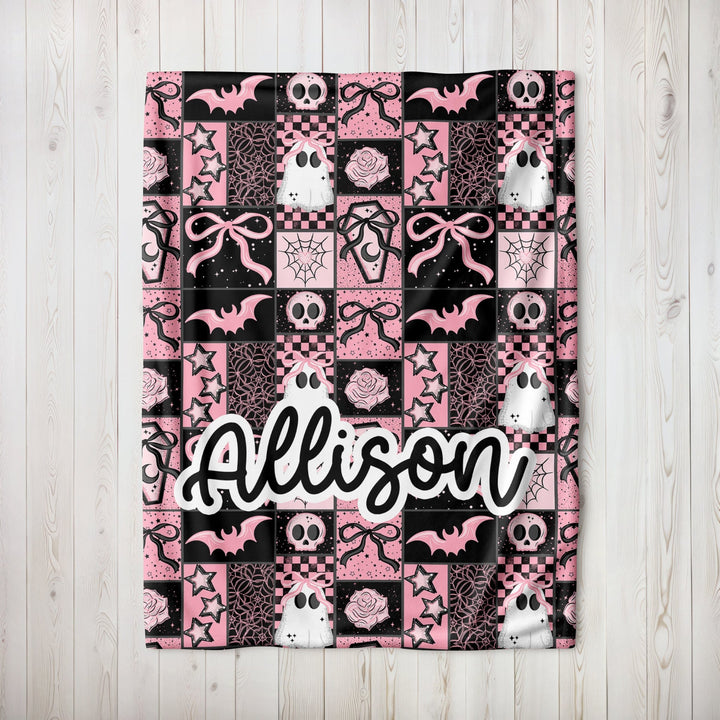 Personalized Spooky Pink Patchwork Halloween Blanket