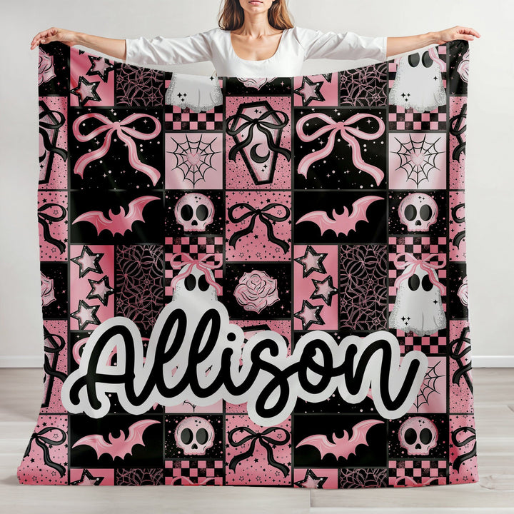Personalized Spooky Pink Patchwork Halloween Blanket