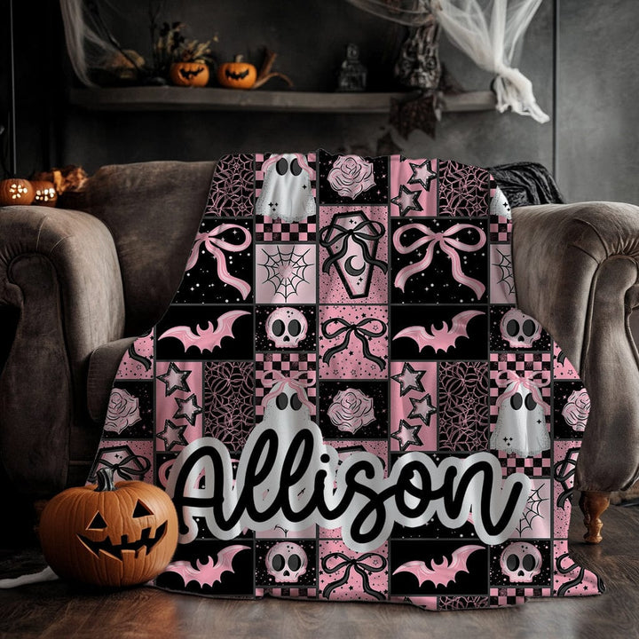 Personalized Spooky Pink Patchwork Halloween Blanket