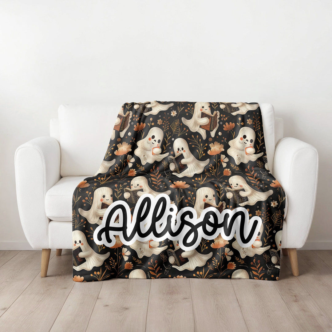 Personalized Halloween Blanket with Cute Reading Ghost, Minky Gift