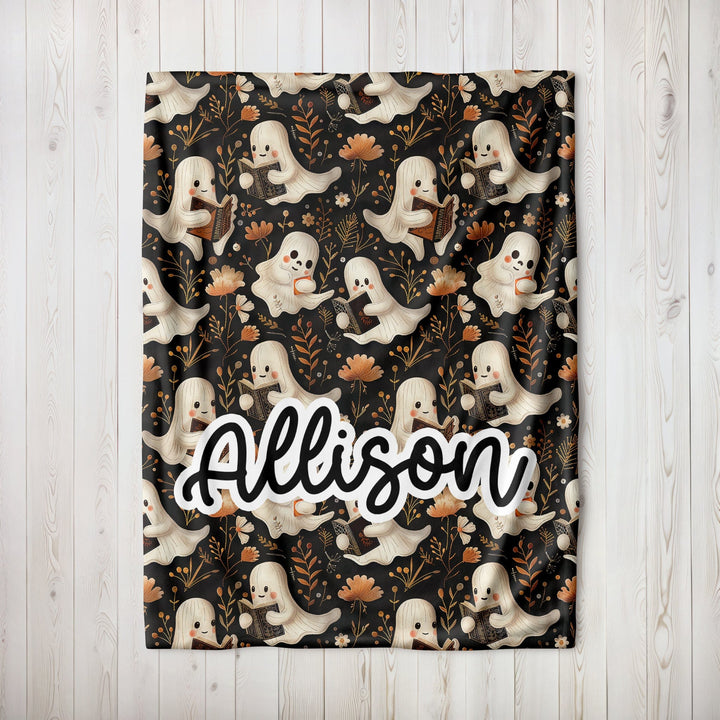 Personalized Halloween Blanket with Cute Reading Ghost, Minky Gift