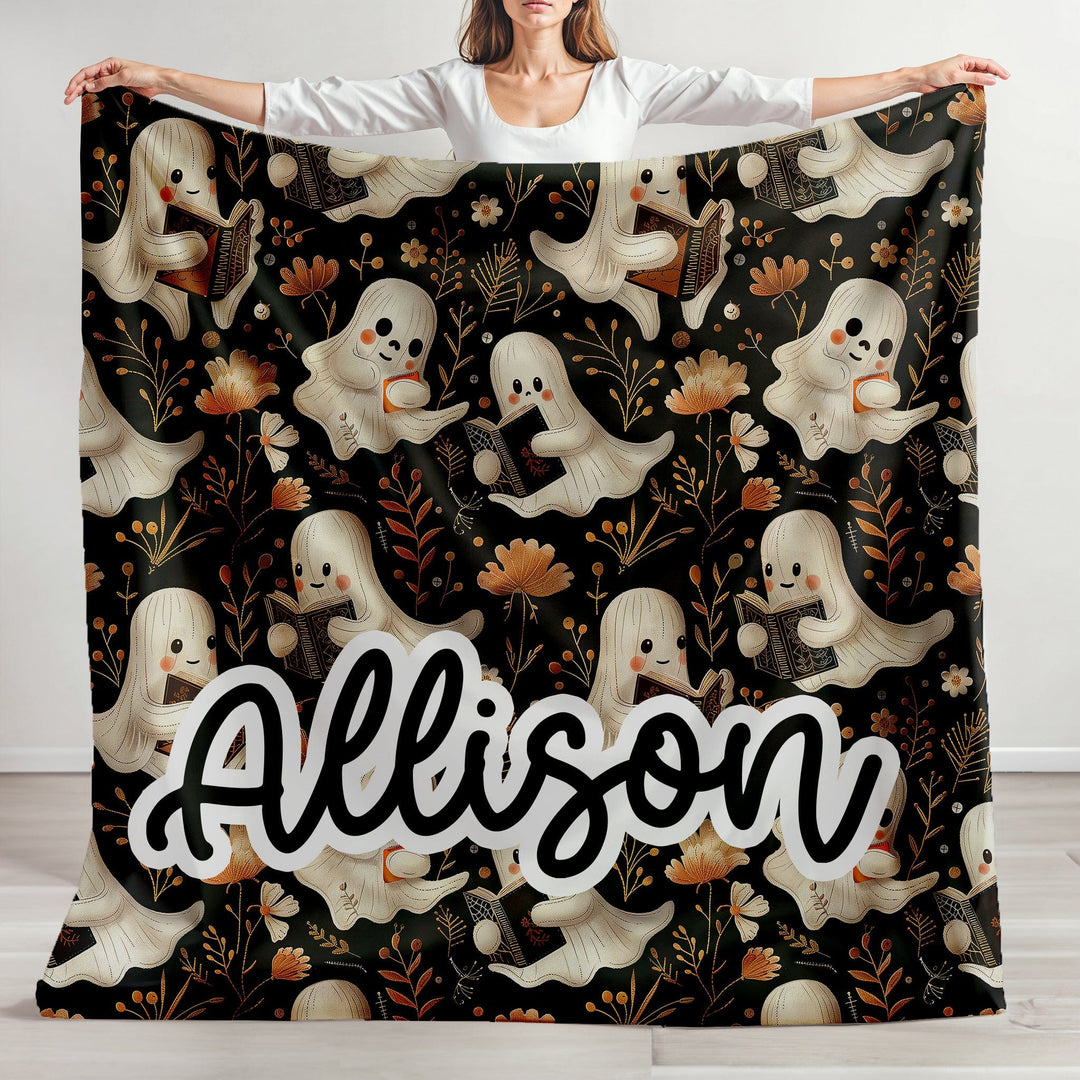 Personalized Halloween Blanket with Cute Reading Ghost, Minky Gift
