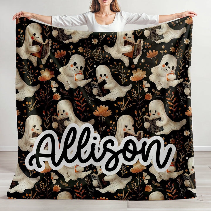 Personalized Halloween Blanket with Cute Reading Ghost, Minky Gift