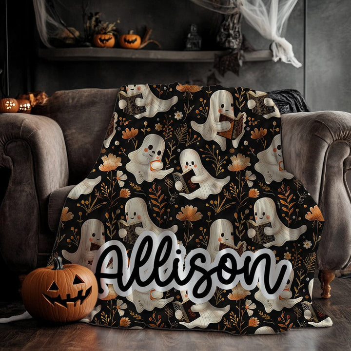 Personalized Halloween Blanket with Cute Reading Ghost, Minky Gift
