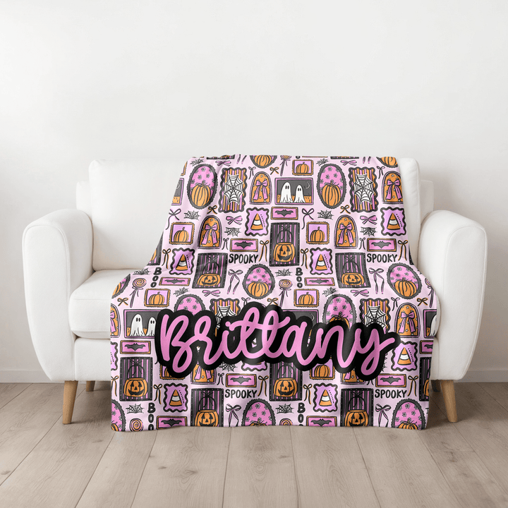 Personalized Halloween Ghost Minky Blanket with Pink Frames