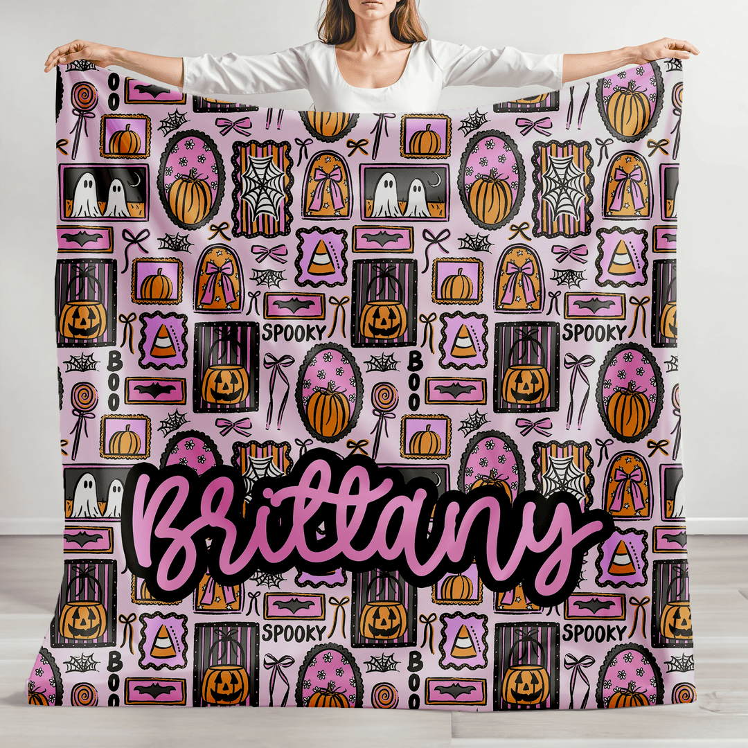 Personalized Halloween Ghost Minky Blanket with Pink Frames
