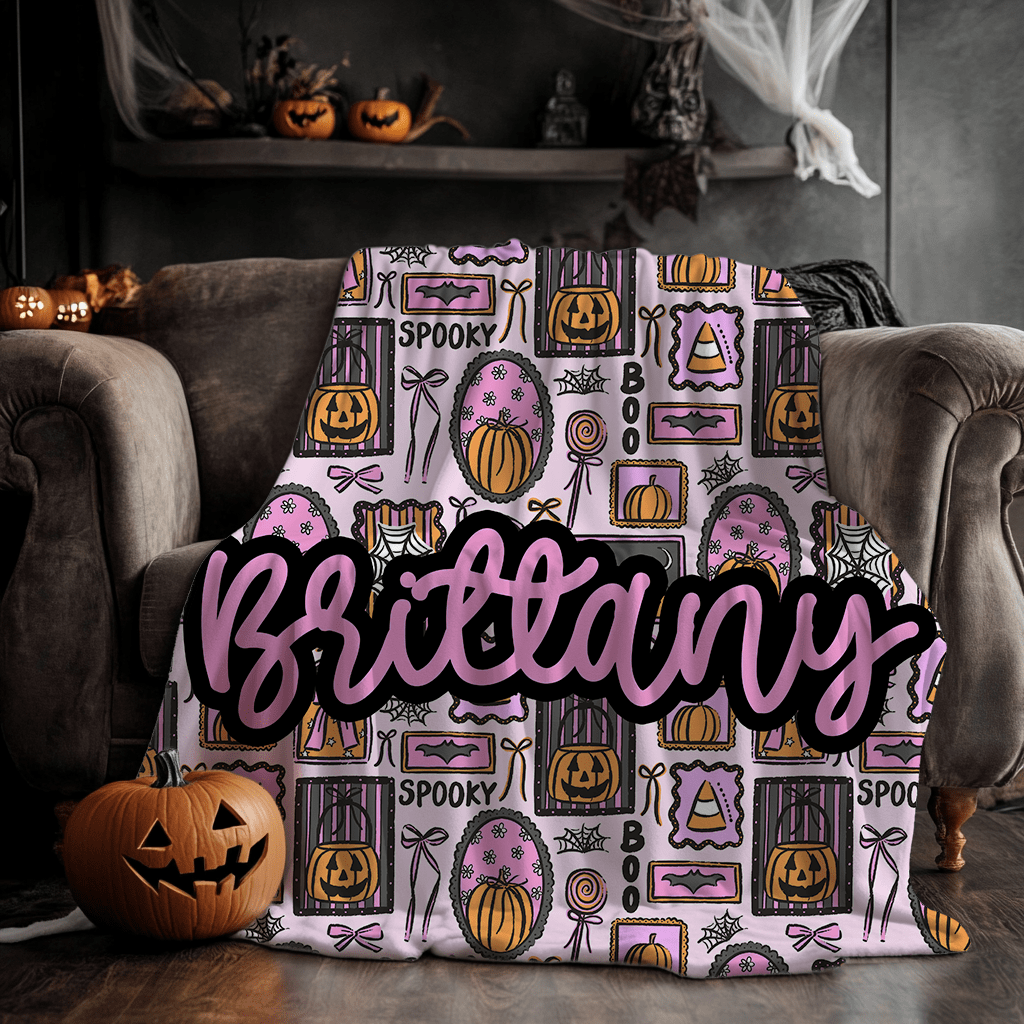 Personalized Halloween Ghost Minky Blanket with Pink Frames
