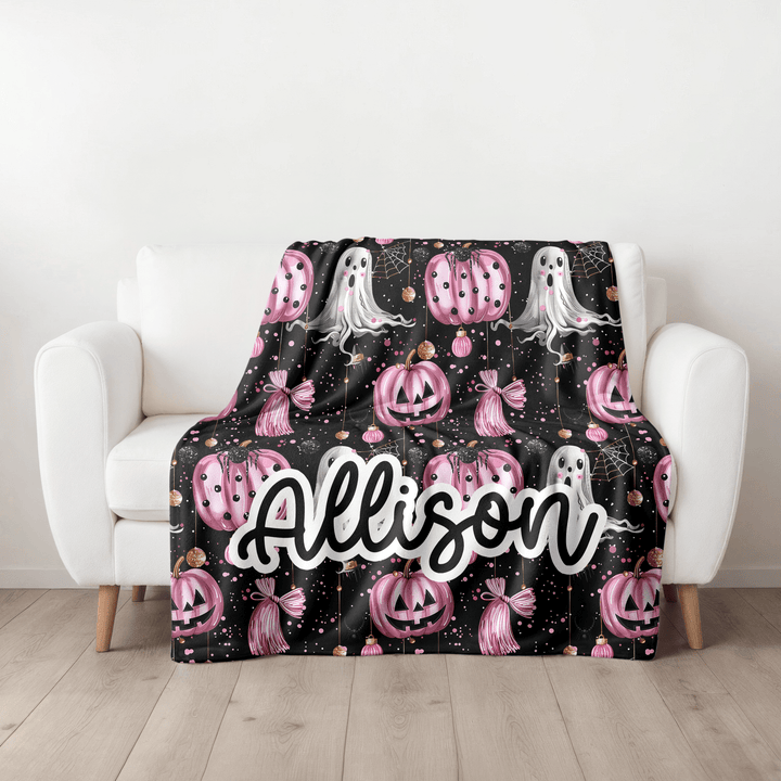 Personalized Pink Metallic Halloween Minky Blanket with Ghosts and Pumpkins
