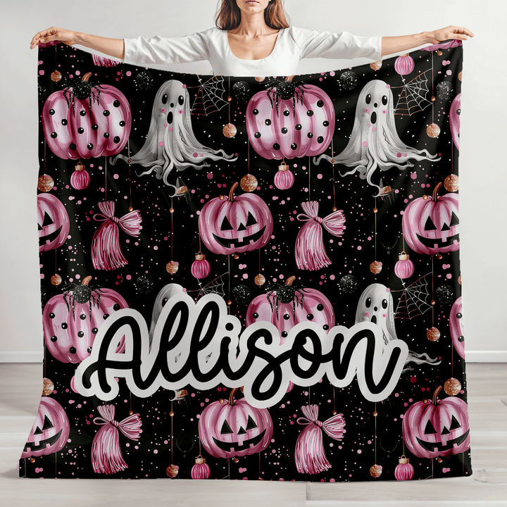 Personalized Pink Metallic Halloween Minky Blanket with Ghosts and Pumpkins