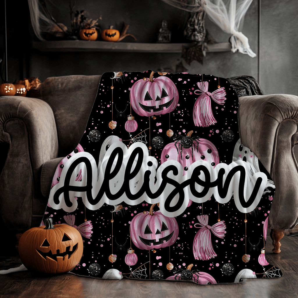 Personalized Pink Metallic Halloween Minky Blanket with Ghosts and Pumpkins