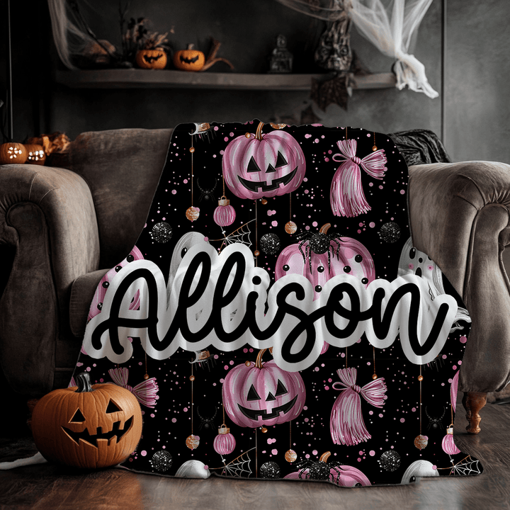 Personalized Pink Metallic Halloween Minky Blanket with Ghosts and Pumpkins