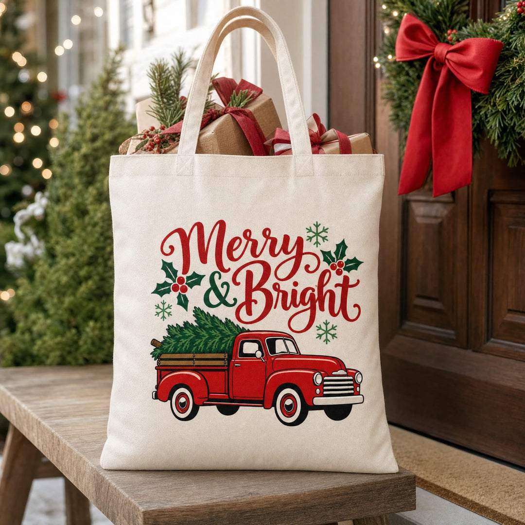 Merry and Bright red truck Christmas tote bag filled with gifts