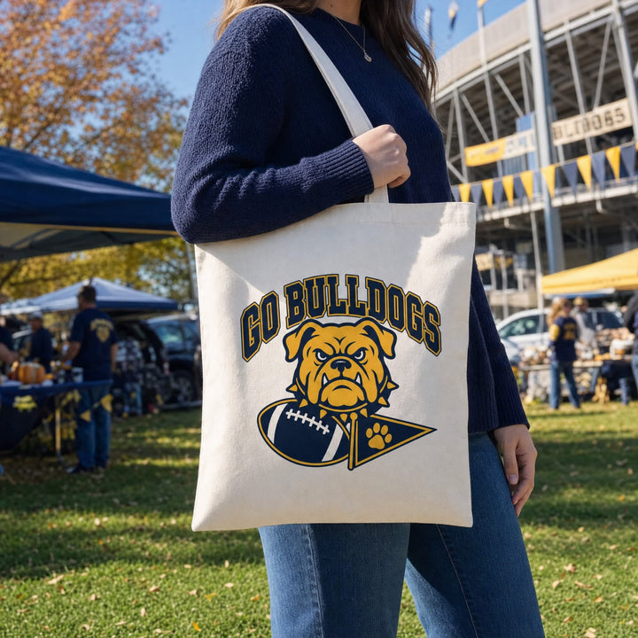 Go Bulldogs game day tote bag at a tailgate