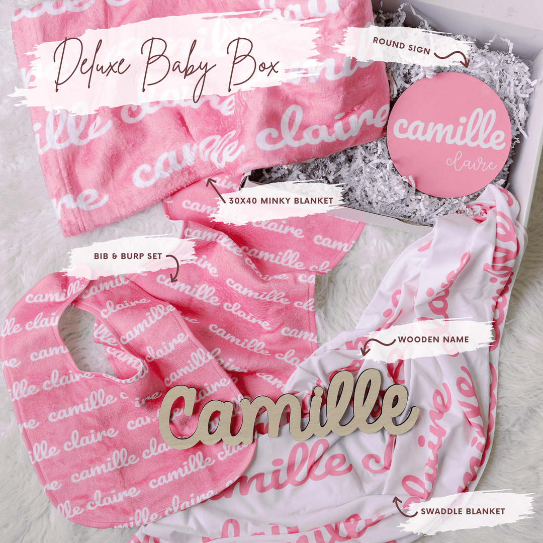 Personalized Baby Girl Gift Box Set | Custom Name Blanket, Bib, Burp Cloth & Name Sign | Baby Shower Gift | 51 Colors | Ships in 1-2 Days