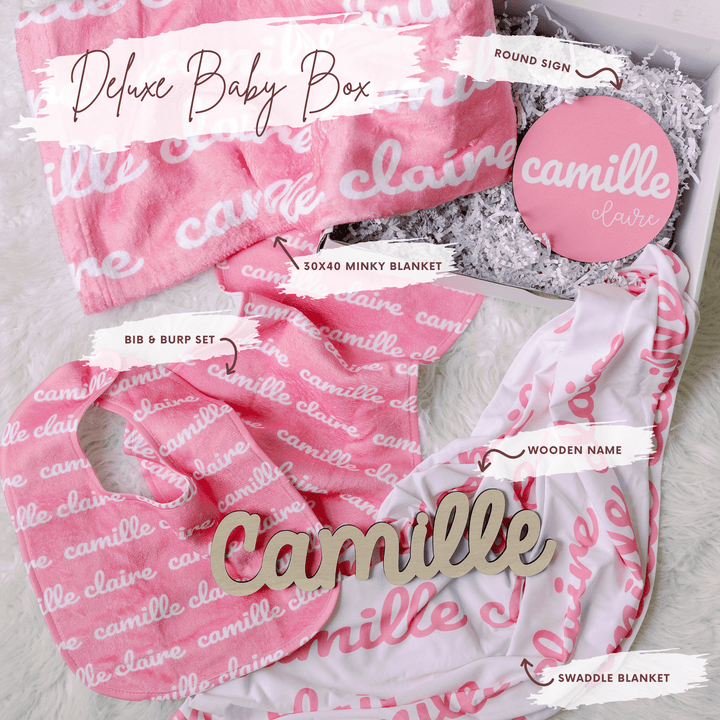 Personalized Baby Girl Gift Box Set | Custom Name Blanket, Bib, Burp Cloth & Name Sign | Baby Shower Gift | 51 Colors | Ships in 1-2 Days