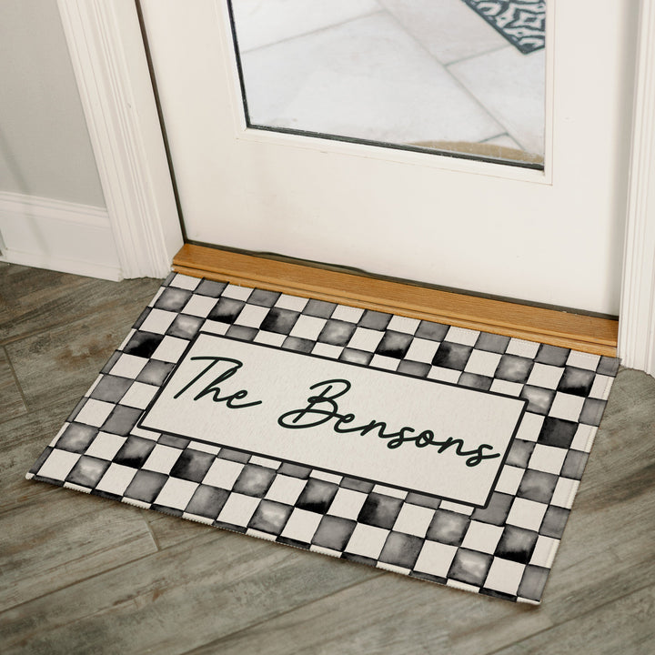 Water Color Style Checkered Print Personalized Indoor Mat