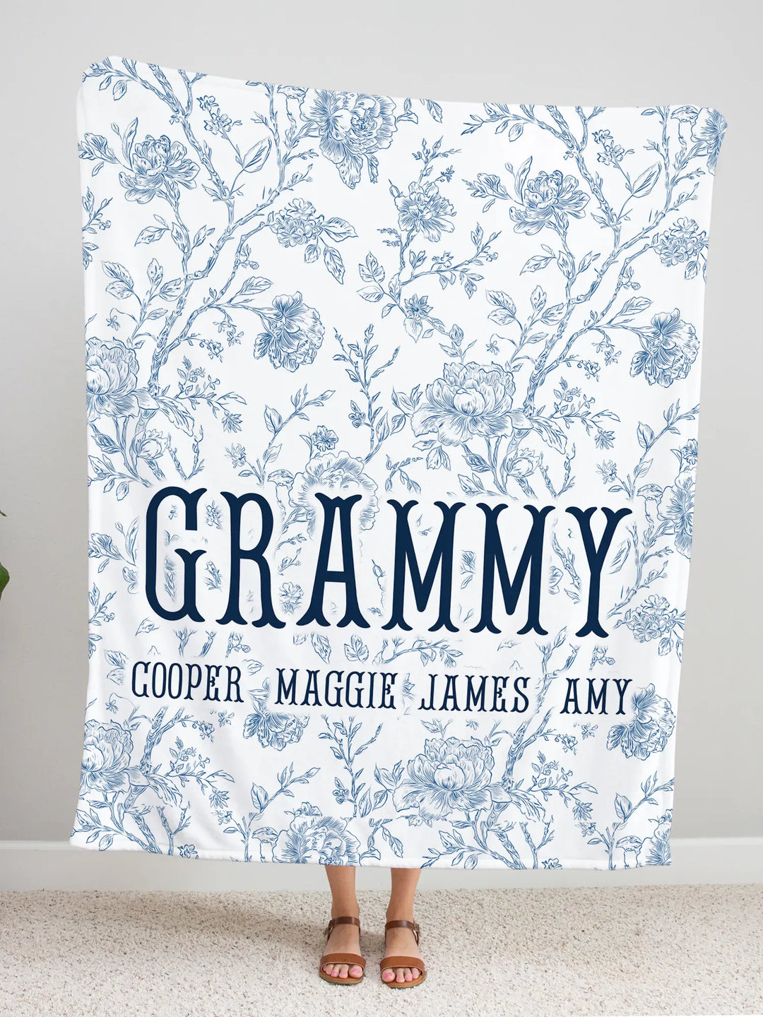 Personalized Blue Toile Floral Minky Blanket