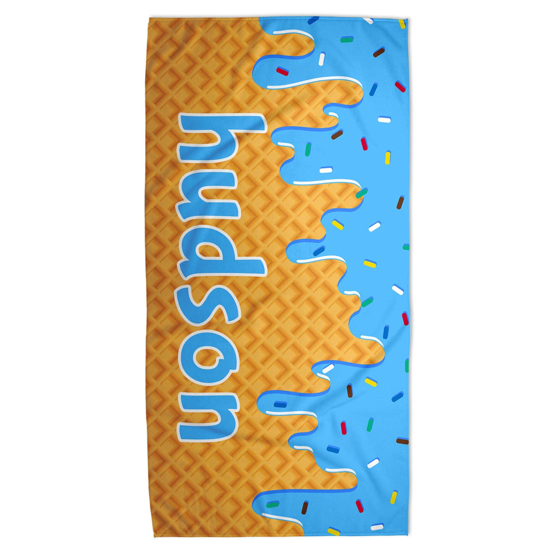 Personalized towel with an Ice Cream Drip Sprinkle in Blue with a name