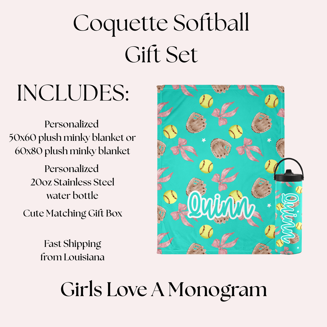 Softball Coquette Personalized Gift Set -Personalized 50x60 Plush Blanket & 20oz Water Bottle