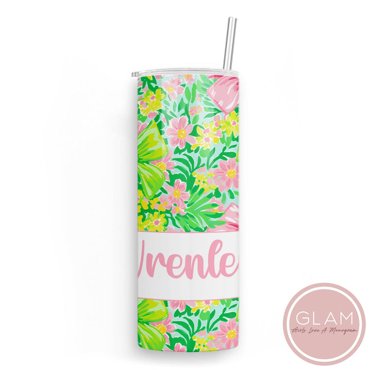Pink and Green Bow Personalized Tumbler