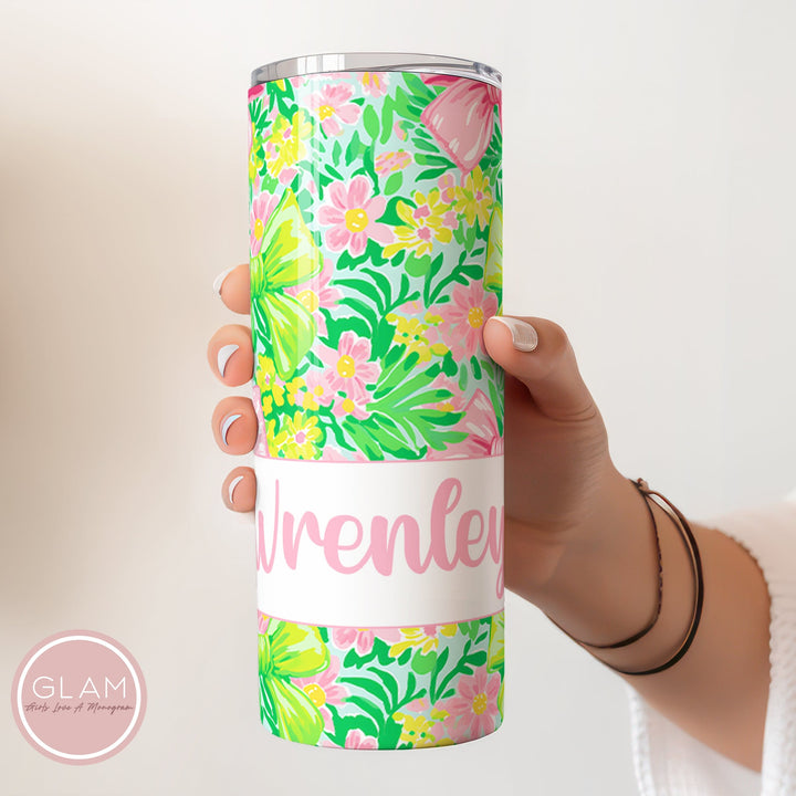 Pink and Green Bow Personalized Tumbler