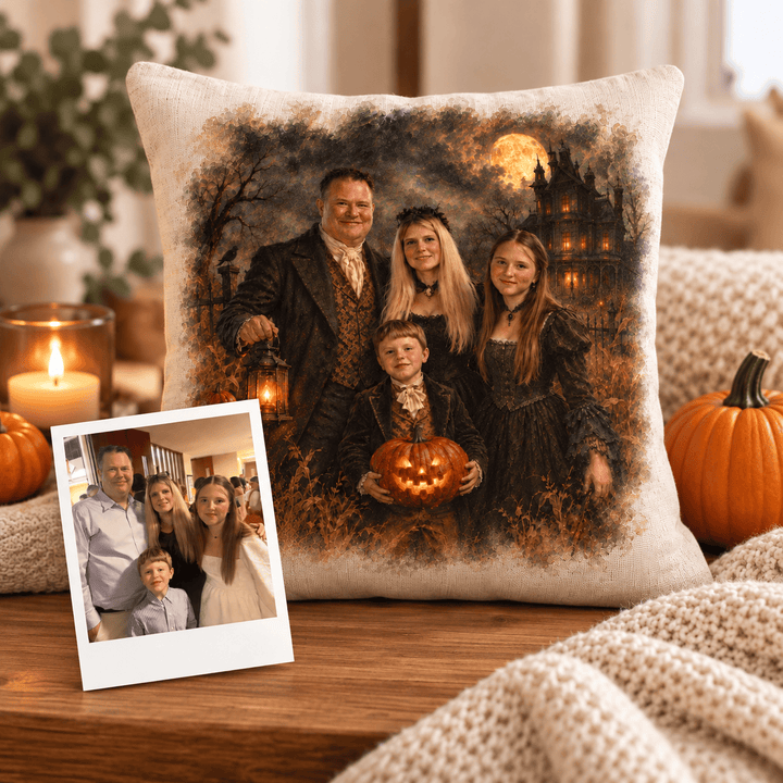Personalized Victorian Halloween Portrait Linen Pillow
