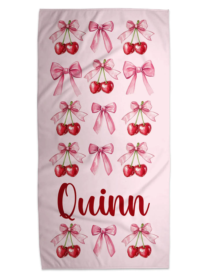 Coquette Bows and Cherry Personalized Beach Towel