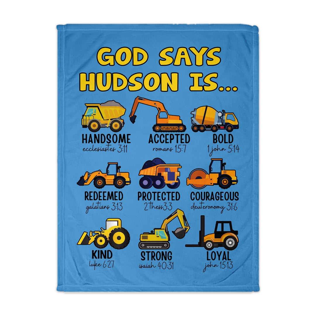 Personalized “God Says” Blanket for Boys – Faith-Based Dino & Truck Design with Name
