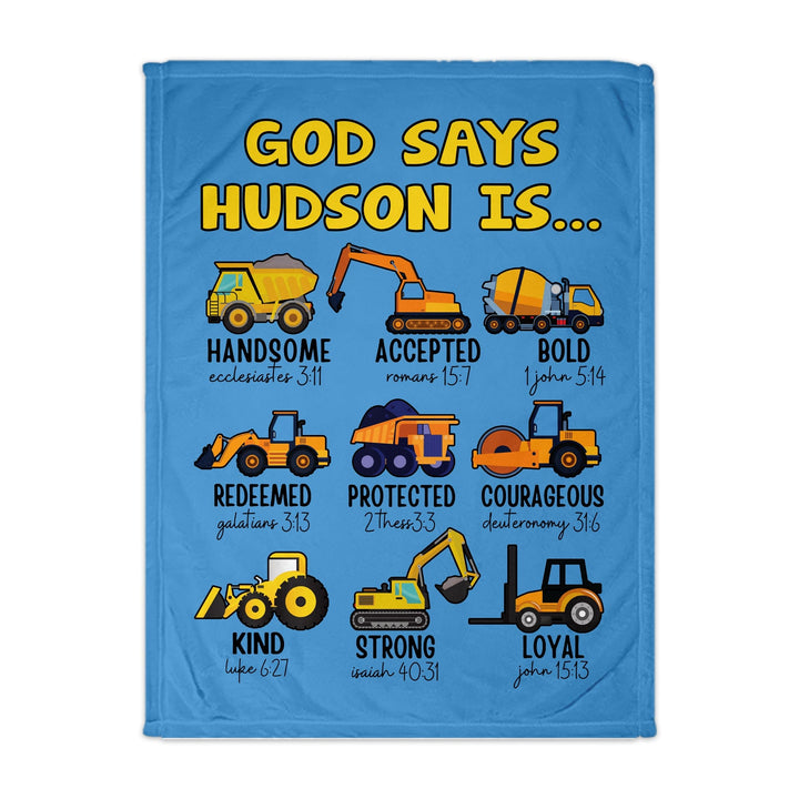 Personalized “God Says” Blanket for Boys – Faith-Based Dino & Truck Design with Name