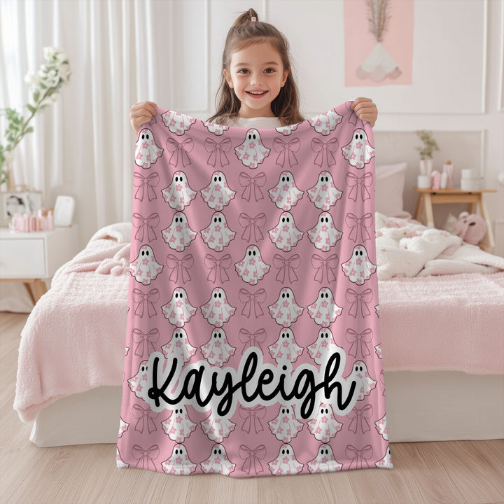 Personalized Halloween Ghost Minky Blanket with Coquette Pink Bow