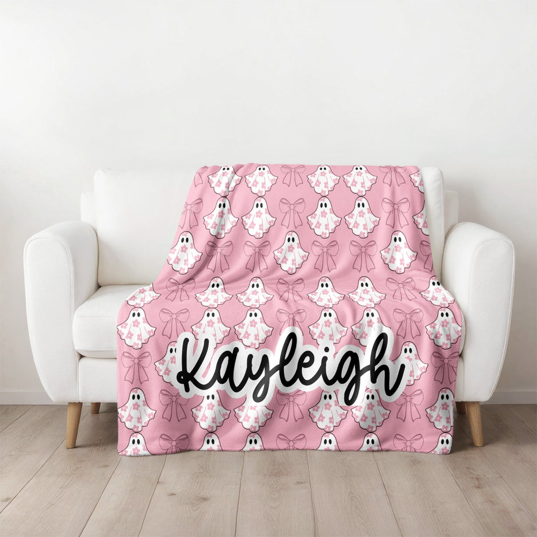Personalized Halloween Ghost Minky Blanket with Coquette Pink Bow