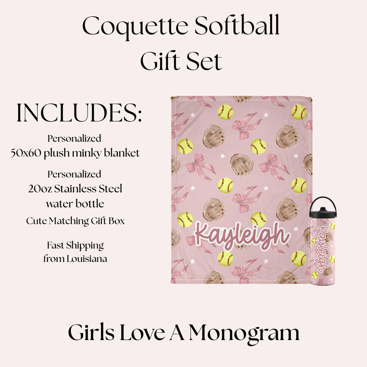 Softball Coquette Personalized Gift Set -Personalized 50x60 Plush Blanket & 20oz Water Bottle