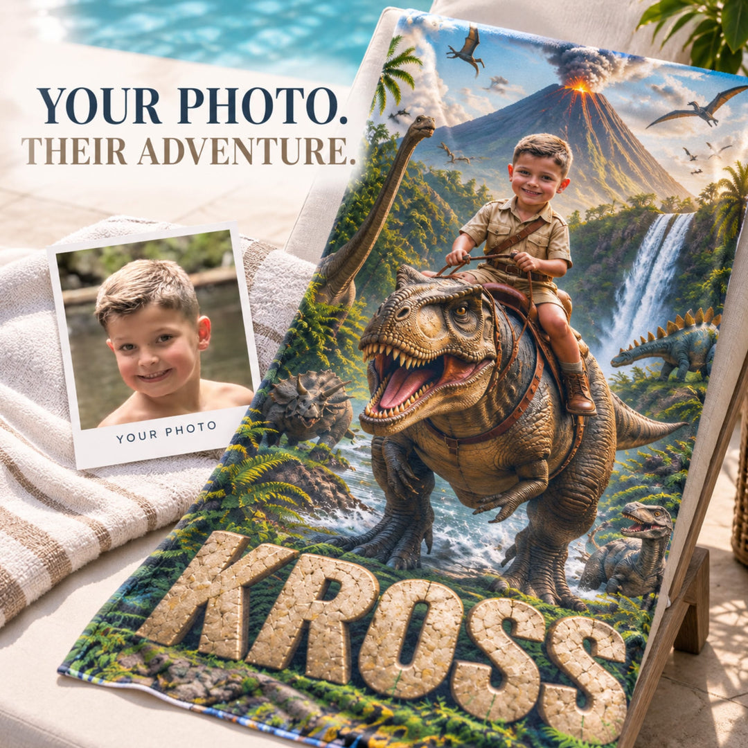 Personalized Dinosaur Beach Towel | Their Photo, Their Adventure