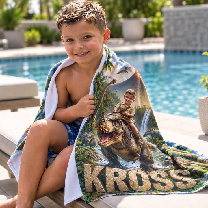 Personalized Dinosaur Beach Towel | Their Photo, Their Adventure