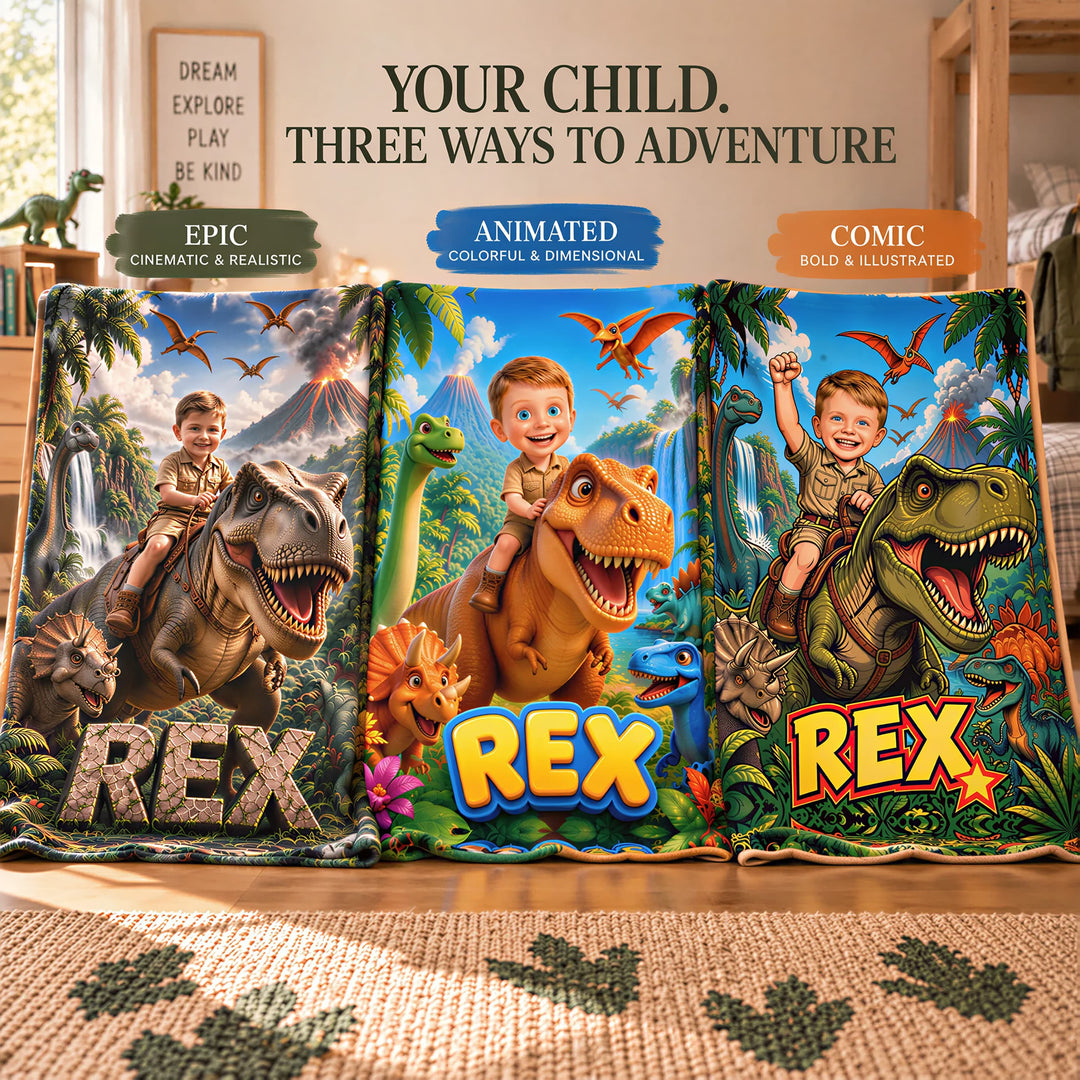 Three art styles for a personalized dinosaur blanket: Epic, Animated and Comic