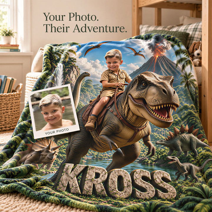 A child's photo beside the personalized dinosaur blanket made from it, showing the same boy riding a T. rex