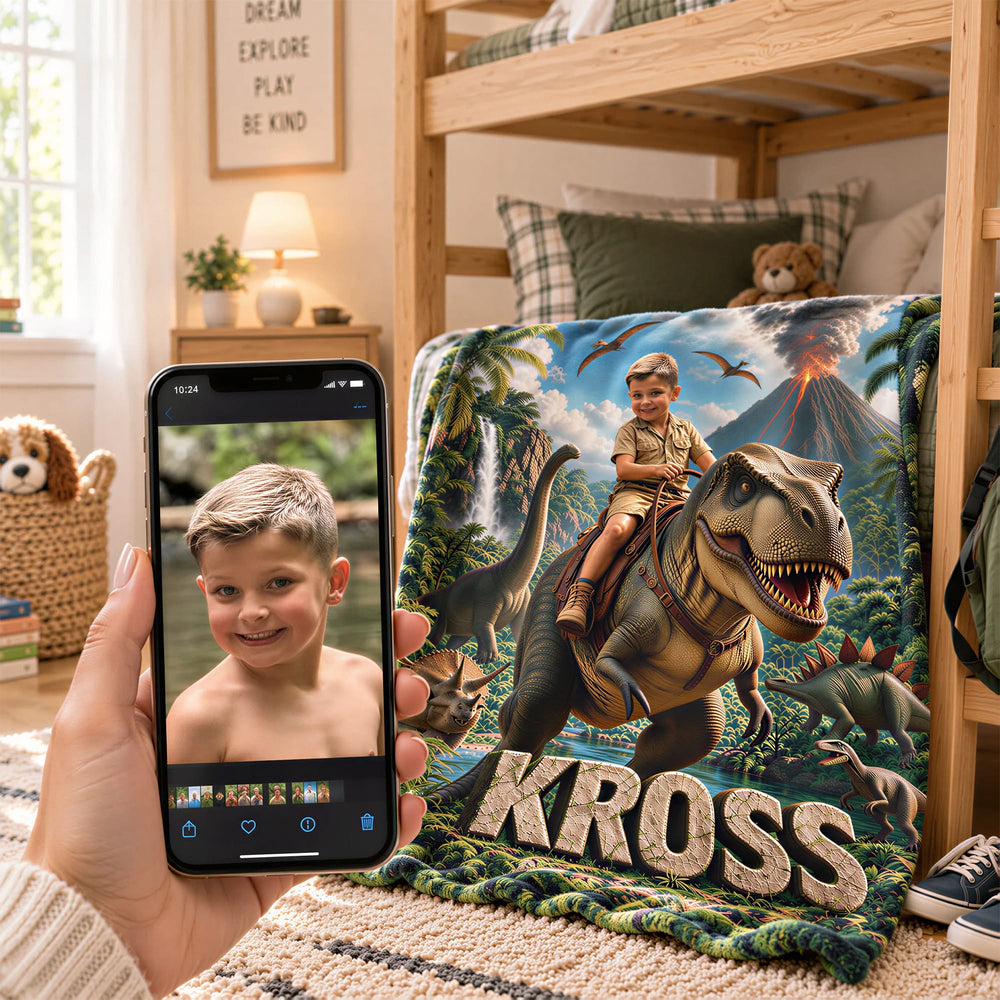 Uploading a child's photo from a phone to create a personalized dinosaur blanket