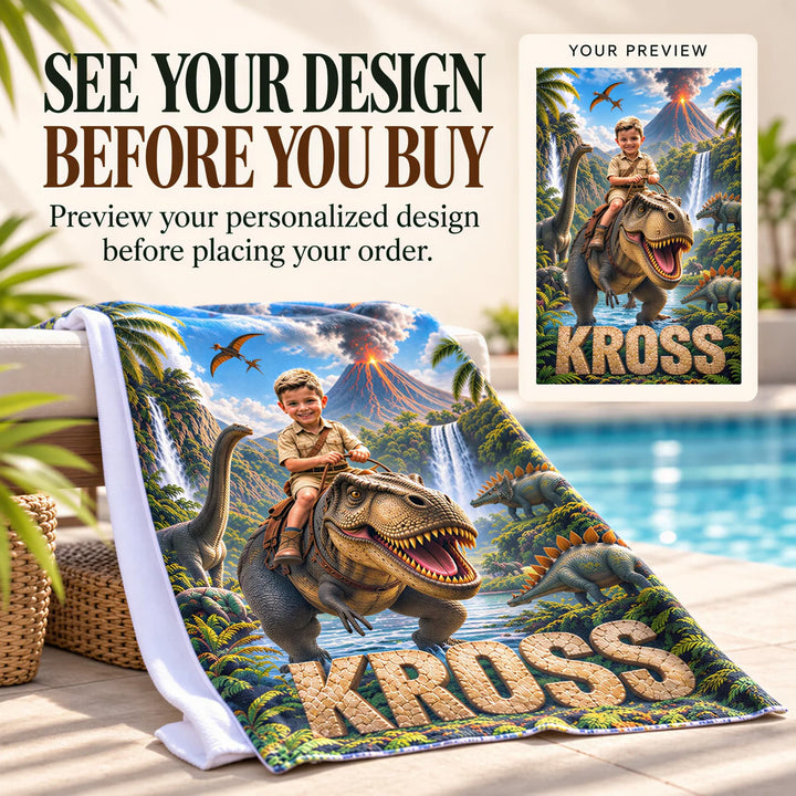 Personalized Dinosaur Beach Towel | Their Photo, Their Adventure