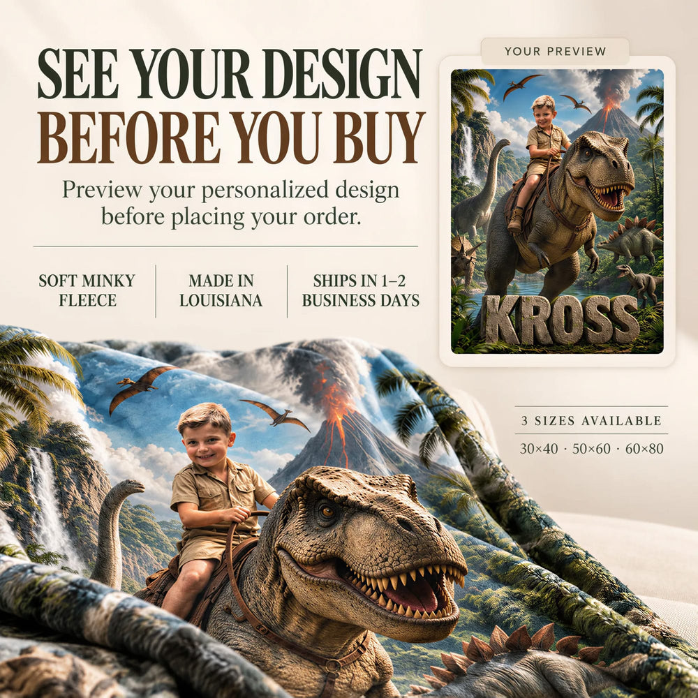See your personalized dinosaur blanket design on screen before you buy. Soft minky fleece, made in Louisiana, ships in 1 to 2 business days, three sizes