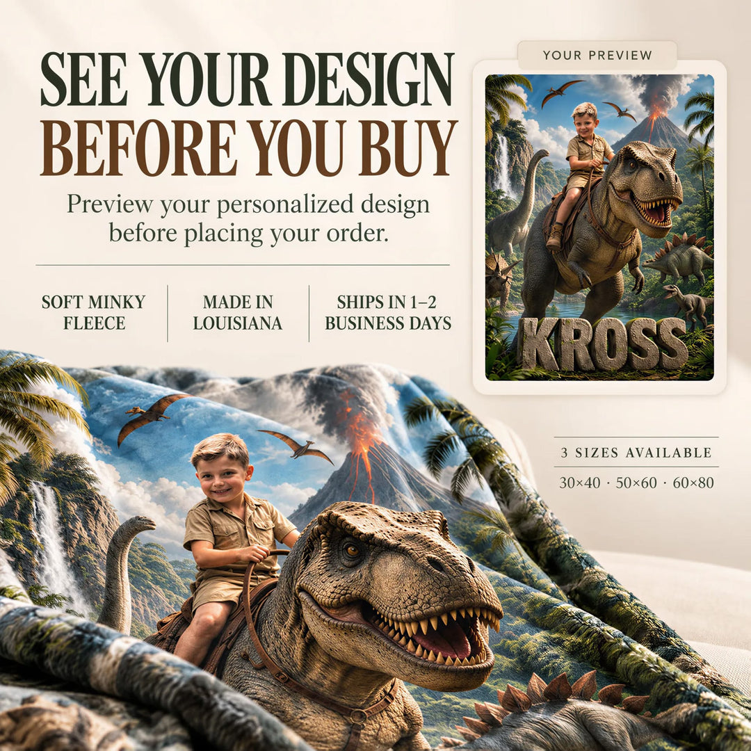 See your personalized dinosaur blanket design on screen before you buy. Soft minky fleece, made in Louisiana, ships in 1 to 2 business days, three sizes